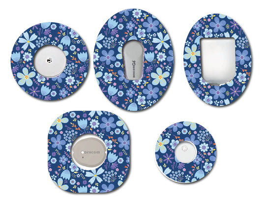 Spring Flowers on Blue CGM patch for Freestyle LIbre, Dexcom, Omnipod Continuous Glucose Monitor patches and stickers