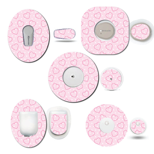 Pretty Pink Hearts Continuous Glucose Monitor (CGM) Decorative Over Patch and Sticker/Tattoo Set