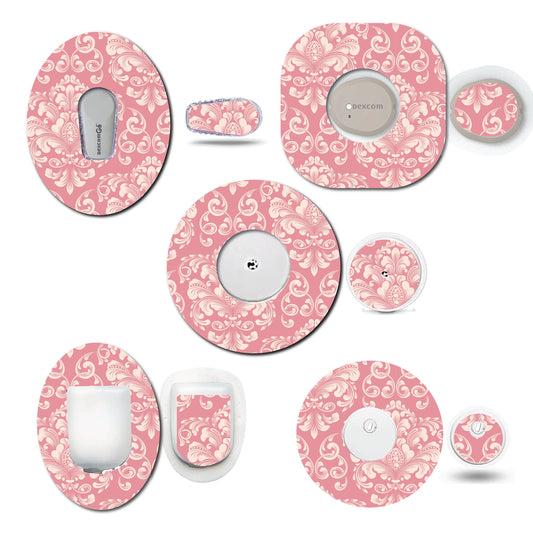 Pink Damask Continuous Glucose Monitor (CGM) Decorative Over Patch and Sticker/Tattoo Set