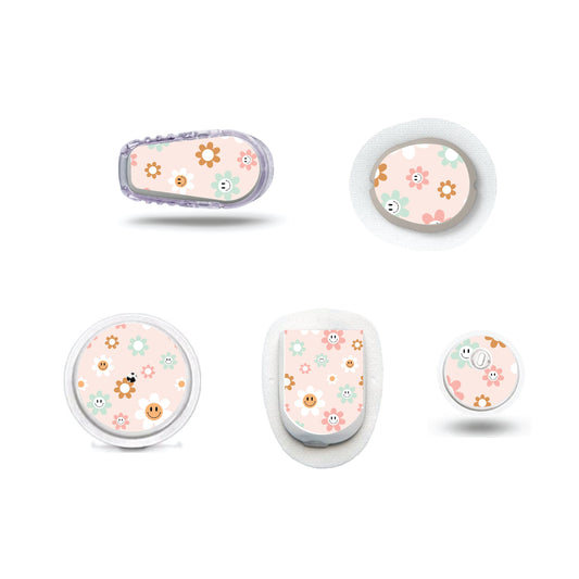 Retro happy flowers CGM stickers for Freestyle LIbre, Dexcom, Omnipod Continuous Glucose Monitor patches and stickers