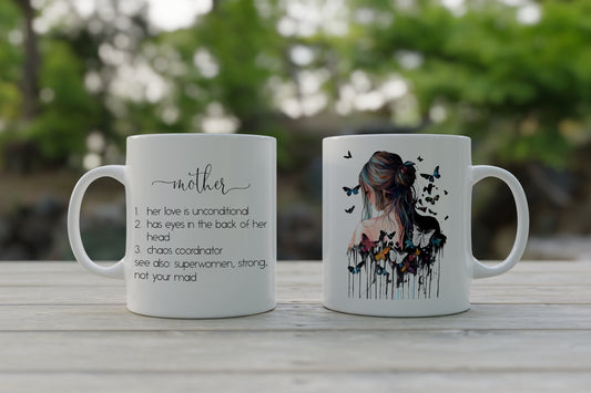 Watercolor Mother Definition Women and Butterfly Coffee Mug, 11oz or 15 oz - Mother's Day Mug #2