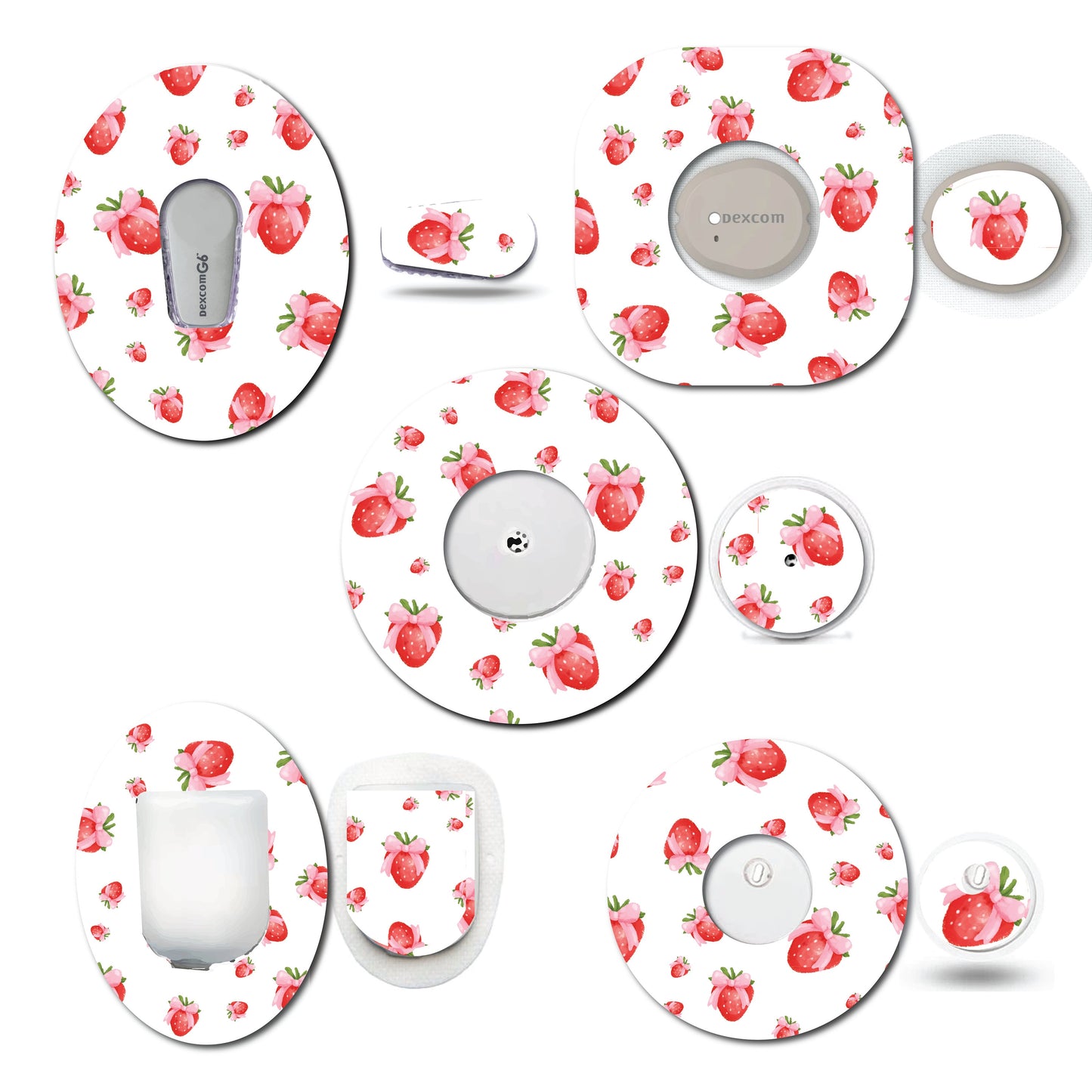 Strawberry Coquette Tossed Continuous Glucose Monitor (CGM) Decorative Over Patch and Sticker/Tattoo Set