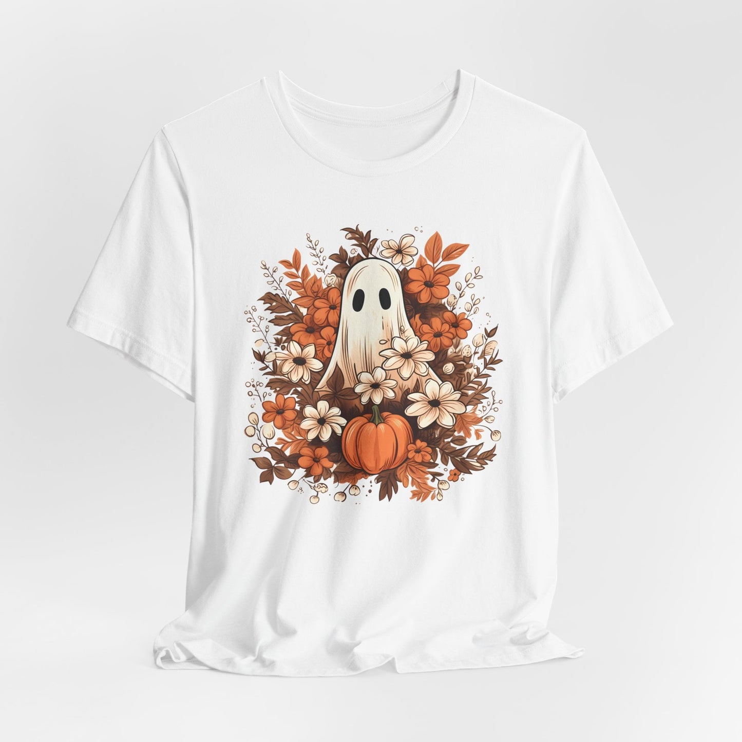 Fall Floral Ghost Unisex T-Shirt XS to 5XL, plus and regular sizes Tshirt for Halloween Autumn