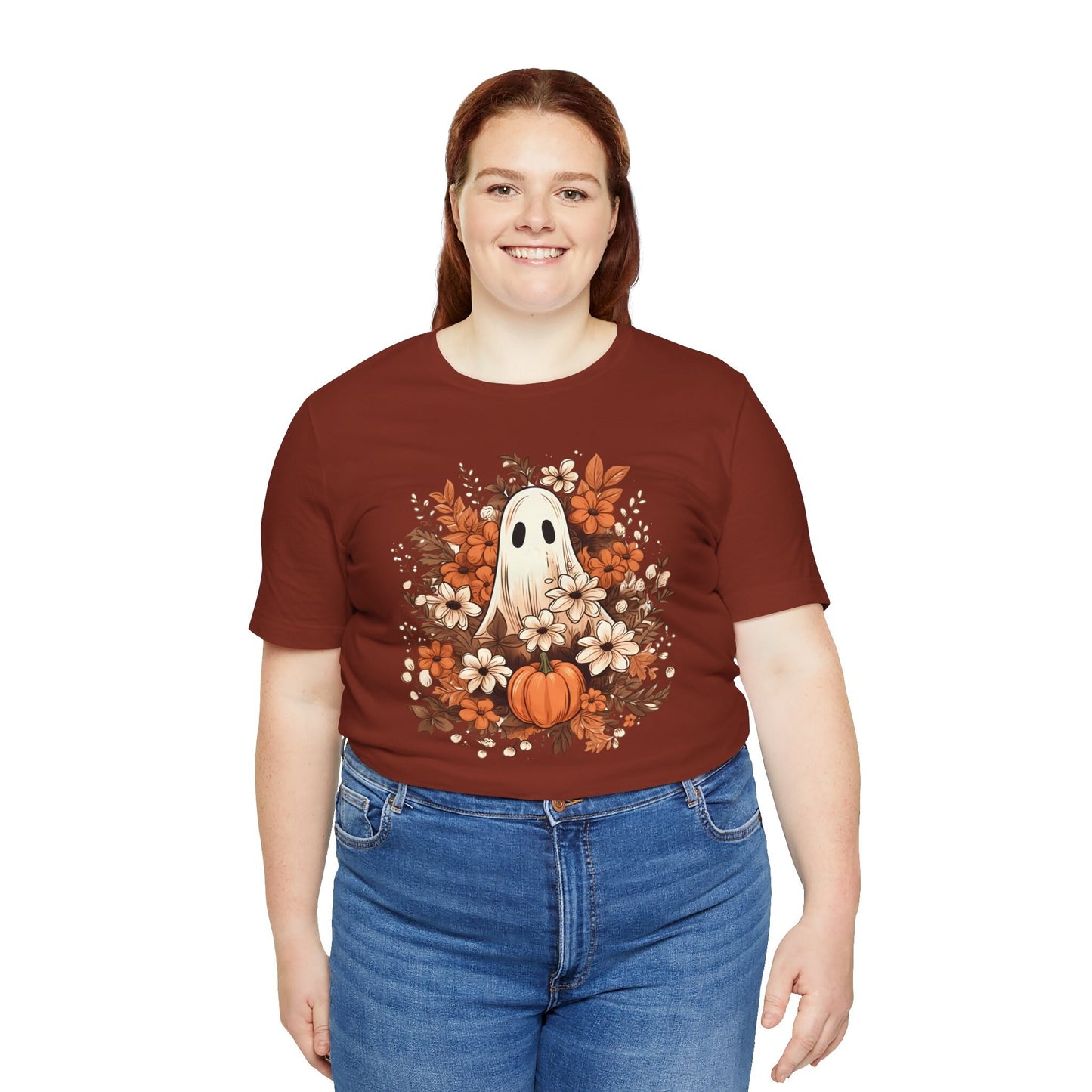 Fall Floral Ghost Unisex T-Shirt XS to 5XL, plus and regular sizes Tshirt for Halloween Autumn