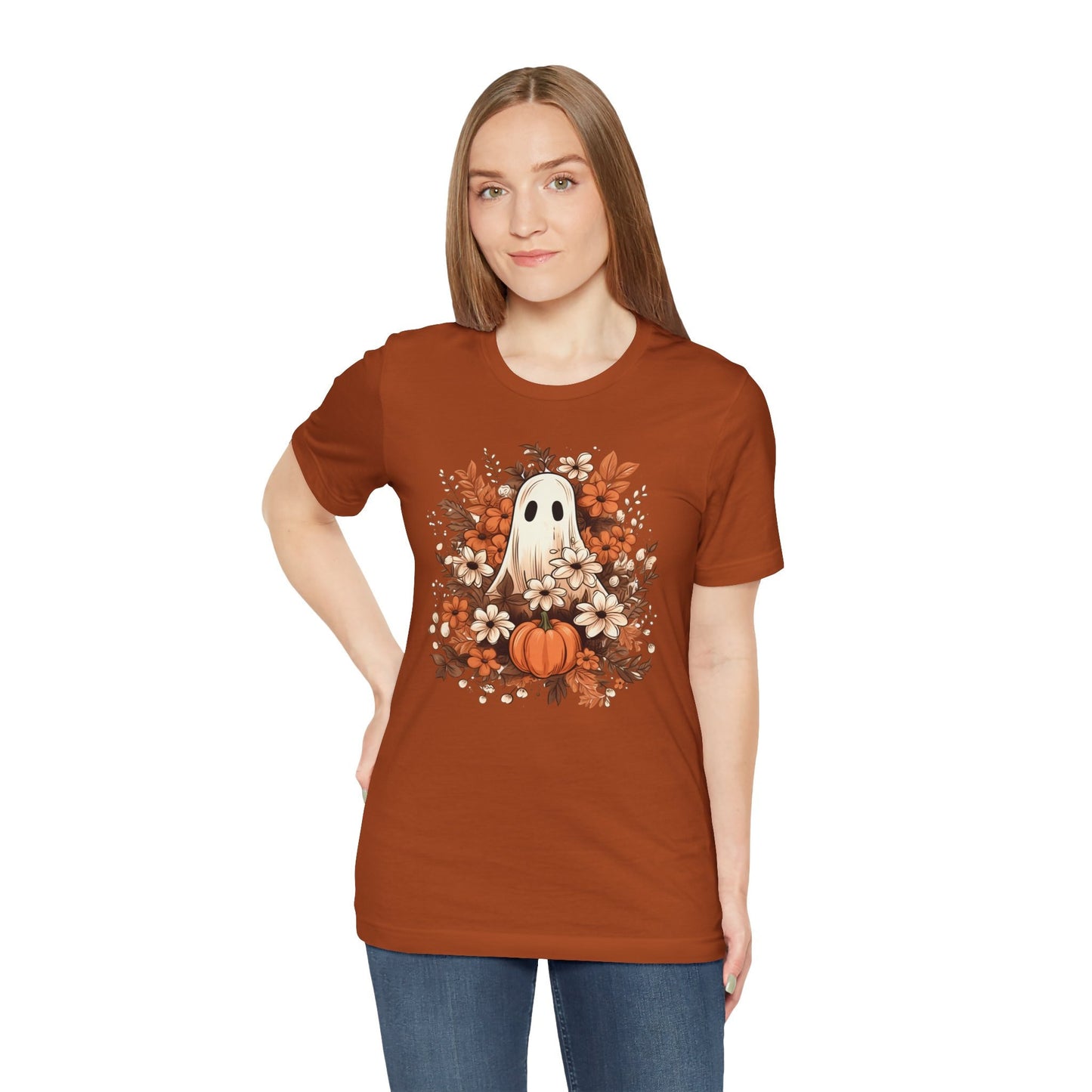 Fall Floral Ghost Unisex T-Shirt XS to 5XL, plus and regular sizes Tshirt for Halloween Autumn