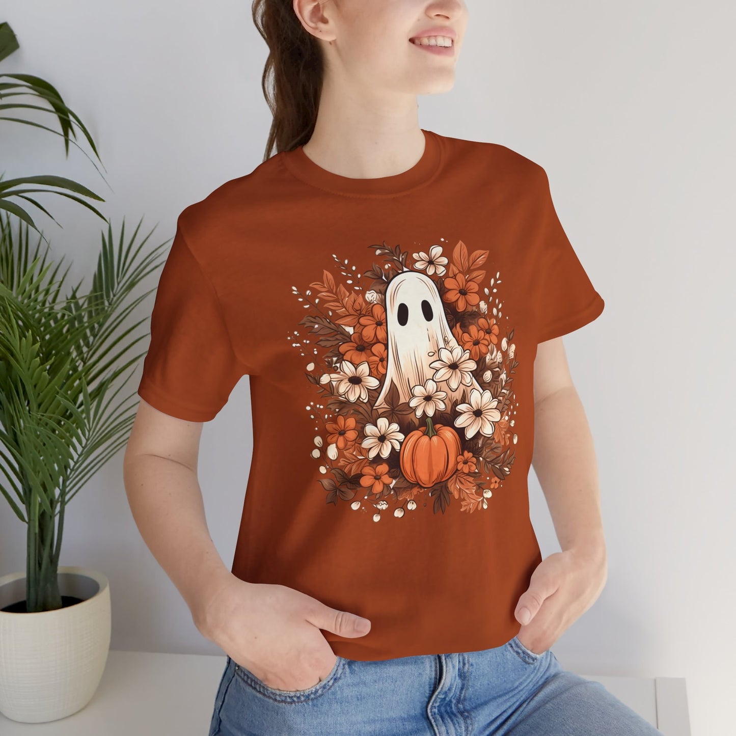 Fall Floral Ghost Unisex T-Shirt XS to 5XL, plus and regular sizes Tshirt for Halloween Autumn