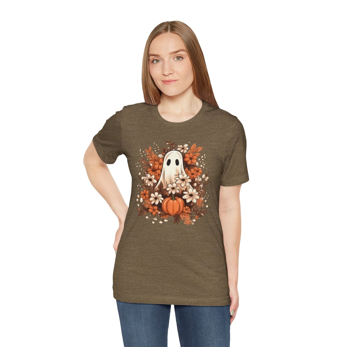 Fall Floral Ghost Unisex T-Shirt XS to 5XL, plus and regular sizes Tshirt for Halloween Autumn