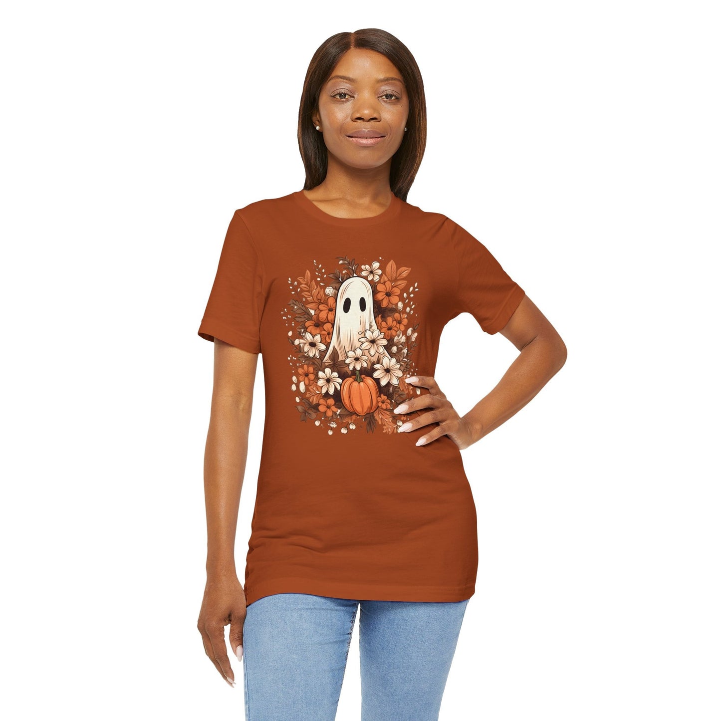 Fall Floral Ghost Unisex T-Shirt XS to 5XL, plus and regular sizes Tshirt for Halloween Autumn