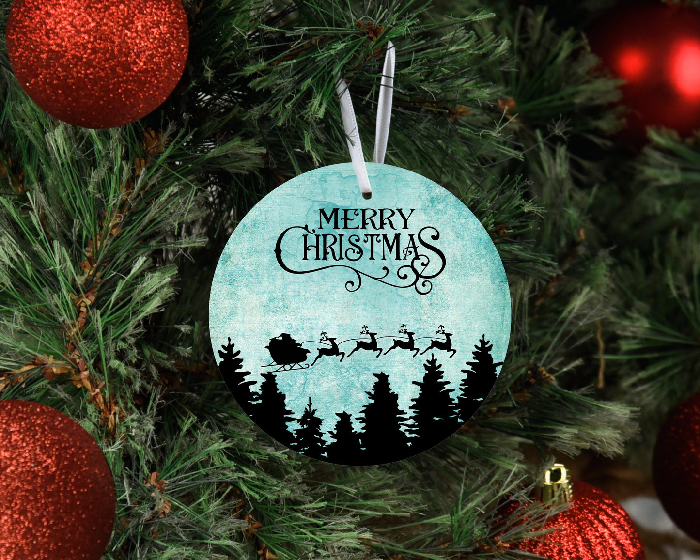 Merry Christmas Ornament Santa and Sleigh at Night Christmas Ornament