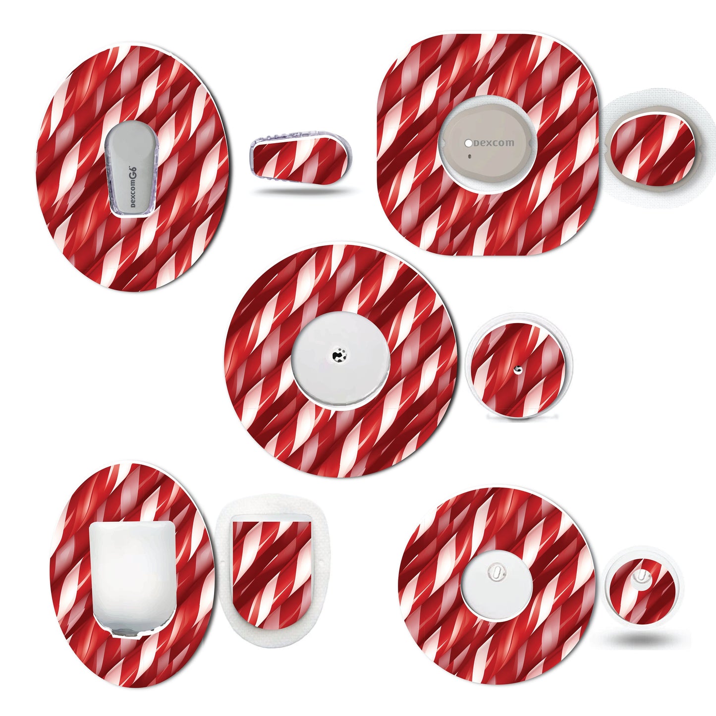 Candy Cane Continuous Glucose Monitor (CGM) Decorative Over Patch and Sticker/Tattoo Set