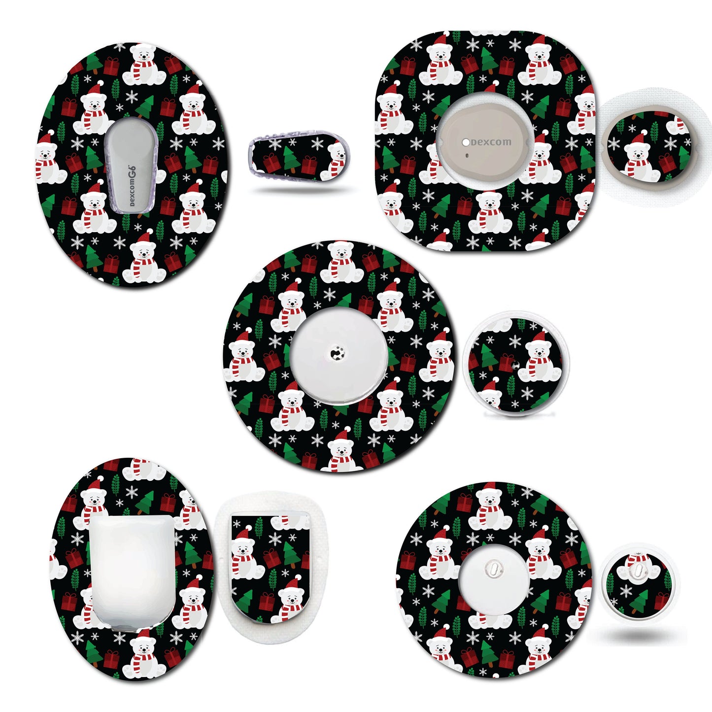 Cute Christmas Bears Continuous Glucose Monitor (CGM) Decorative Over Patch and Sticker/Tattoo Set