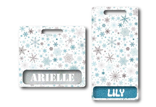 Custom Winter Blue Teal Snowflakes Badge Buddy Vertical or Horizontal, Standard or Extended Personalized Badge Buddy