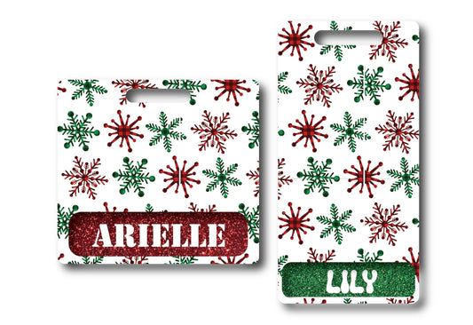 Custom Red and Green Snowflakes Badge Buddy Vertical or Horizontal, Standard or Extended Personalized Badge Buddy