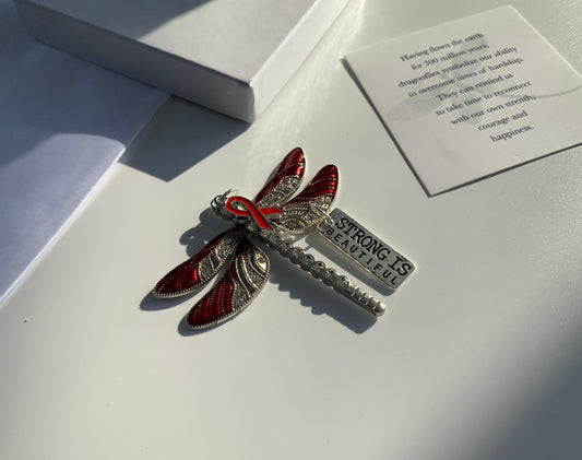 Red Dragonfly Awareness Pendant,  Strong is Beautiful Memorial Ornament, Keychain, Rear View Mirror Accessory, Warrior Gift,