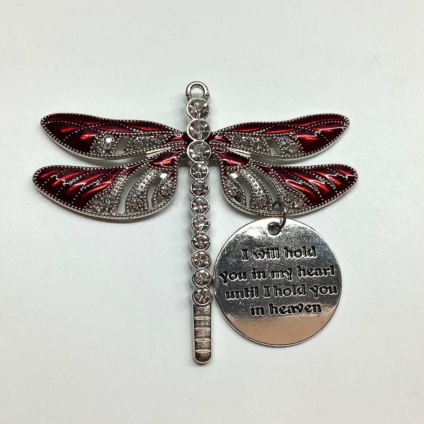 Red Dragonfly Keepsake Memorial Ornament, I Will Hold You in My Heart Pendant, Necklace, Keychain, Gift,