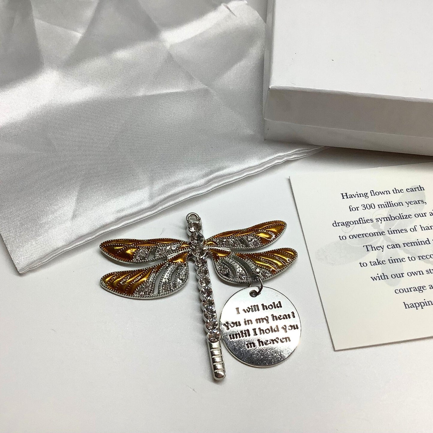 Gold Dragonfly Keepsake Memorial Ornament, I Will Hold You in My Heart Pendant, Necklace, Keychain, Gift,