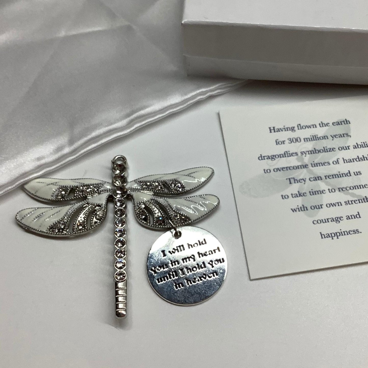 White Dragonfly Keepsake Memorial Ornament, I Will Hold You in My Heart Pendant, Necklace, Keychain, Gift,