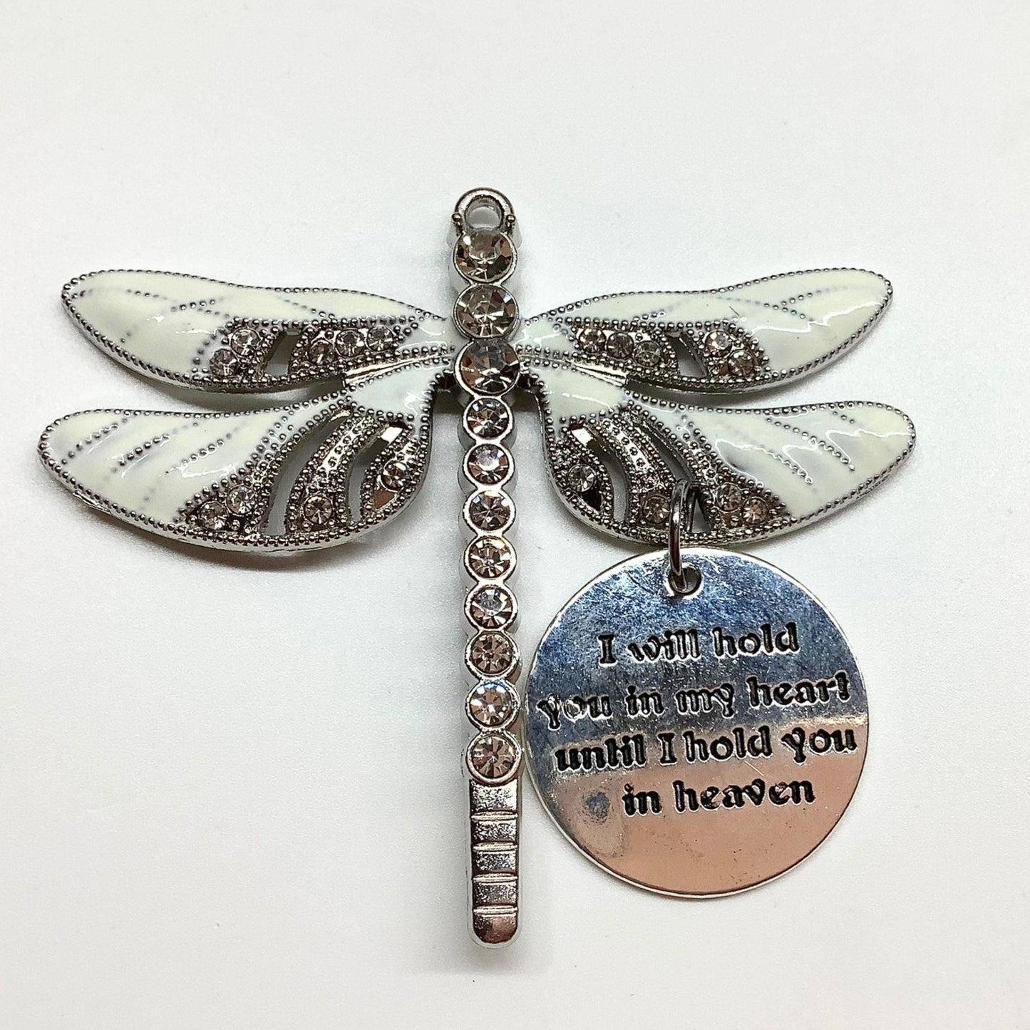 White Dragonfly Keepsake Memorial Ornament, I Will Hold You in My Heart Pendant, Necklace, Keychain, Gift,