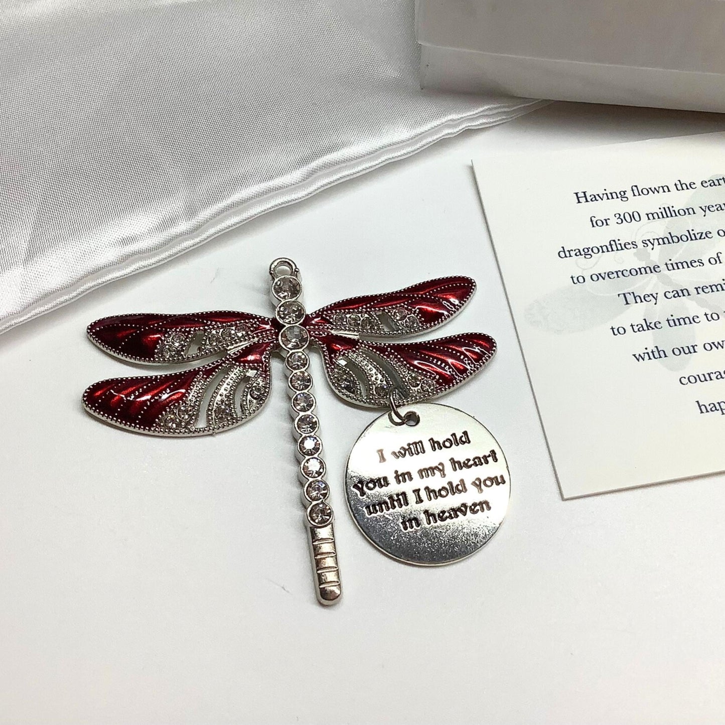 Red Dragonfly Keepsake Memorial Ornament, I Will Hold You in My Heart Pendant, Necklace, Keychain, Gift,